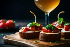 small appetizers with strawberries and cheese on a wooden board. AI-Generated photo