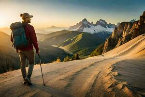 a man with a backpack and trek poles is walking on a mountain trail. AI-Generated photo