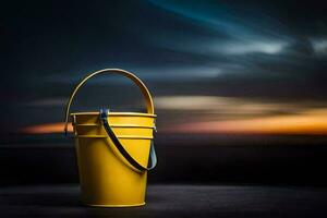 a yellow bucket sitting on a table in front of a dark background. AI-Generated photo