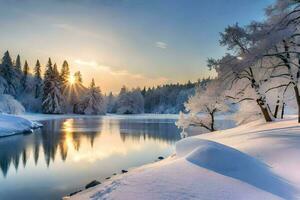 photo wallpaper the sky, snow, trees, lake, river, sun, winter, trees,. AI-Generated