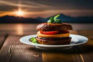a burger on a plate with a sunset in the background. AI-Generated photo