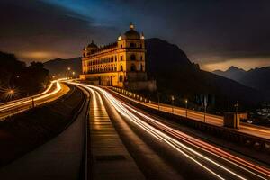 un largo exposición foto de un la carretera y un iglesia. generado por ai