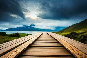 a wooden bridge leads to a lake and mountains. AI-Generated photo