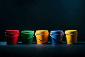 five colorful buckets on a dark background. AI-Generated photo