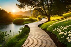 a wooden path leads to a river and flowers. AI-Generated photo