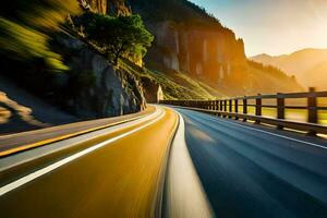 un coche conducción en un autopista con el Dom ajuste detrás él. generado por ai foto