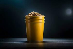 a bucket of peanuts on a dark table. AI-Generated photo