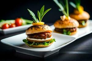 small plates with meat sliders on them. AI-Generated photo