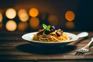 espaguetis con carne y aceitunas en un de madera mesa. generado por ai foto