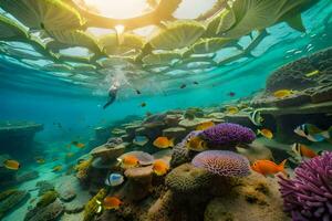 a diver swims through a coral reef with fish and corals. AI-Generated photo