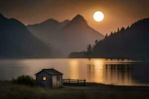 un pequeño cabina se sienta en el apuntalar de un lago a puesta de sol. generado por ai foto