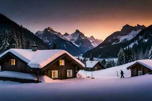 a cabin in the snow with a mountain in the background. AI-Generated photo