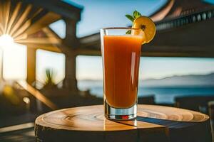 a glass of orange juice on a wooden table. AI-Generated photo
