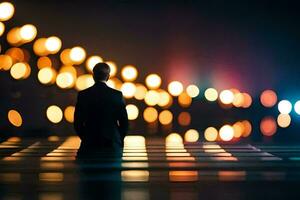 un hombre en un traje soportes en frente de un iluminado arriba ciudad. generado por ai foto