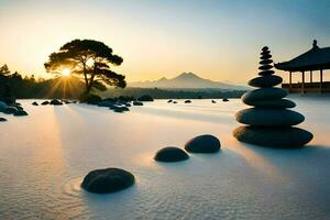 a stone pile in the sand with a pagoda in the background. AI-Generated photo