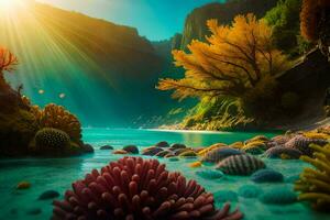 sunlight shining through the trees and coral reefs. AI-Generated photo