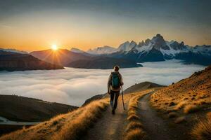 un hombre camina en un camino en el montañas. generado por ai foto