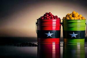 two colorful buckets with berries and star. AI-Generated photo