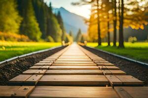 a wooden track leading to a field with trees. AI-Generated photo