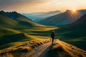 a man walks on a path in the mountains. AI-Generated photo
