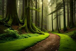 un camino mediante un bosque con alto arboles generado por ai foto