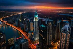 el ciudad horizonte a oscuridad en nuevo york generado por ai foto