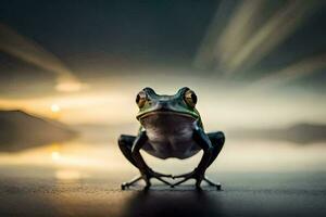 a frog is standing on the ground with its legs spread. AI-Generated photo