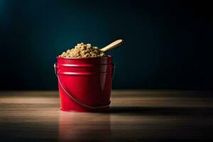 un rojo Cubeta lleno con marrón azúcar en un de madera mesa. generado por ai foto