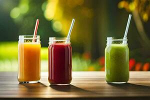three different types of juice in glass jars. AI-Generated photo