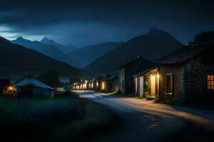 a dark road in the mountains with a few houses. AI-Generated photo