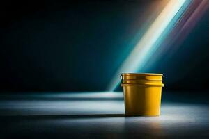 a yellow bucket sitting on a dark floor. AI-Generated photo