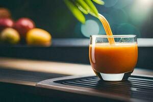 un vaso de naranja jugo siendo vertido dentro un vaso. generado por ai foto