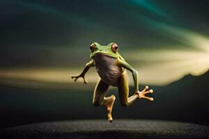 a frog jumping in the air with a dark background. AI-Generated photo