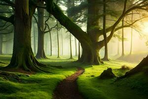 a path through a forest with trees and grass. AI-Generated photo