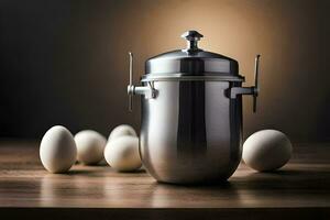 a silver canister with eggs on a table. AI-Generated photo