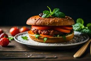 a hamburger with tomatoes and basil on a plate. AI-Generated photo