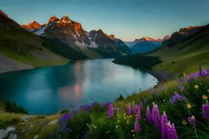 the lake and flowers are beautiful in the mountains. AI-Generated photo