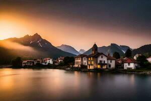 photo wallpaper the sky, mountains, water, lake, house, the sun, the mountains,. AI-Generated