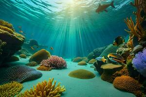 the sun shines over a coral reef and fish. AI-Generated photo