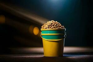 a bucket of peanuts sitting on a table. AI-Generated photo