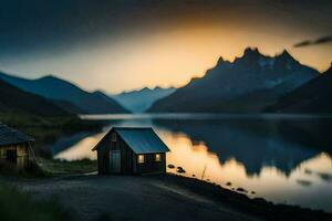 un pequeño cabina se sienta en el apuntalar de un lago a puesta de sol. generado por ai foto