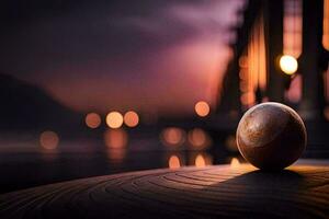 un de madera pelota se sienta en un de madera mesa en frente de un lago. generado por ai foto