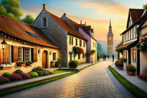 a painting of a street in a small town. AI-Generated photo