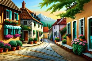 a painting of a street in the village. AI-Generated photo