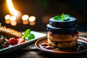 a stack of pancakes with strawberries and syrup. AI-Generated photo