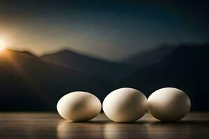 three eggs on a table with mountains in the background. AI-Generated photo