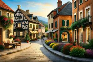 a street in the village with flowers and buildings. AI-Generated photo