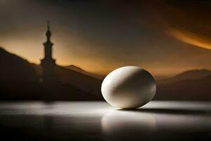 an egg on a table in front of a mosque. AI-Generated photo