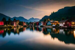 colorful houses on the water at sunset in the mountains. AI-Generated photo