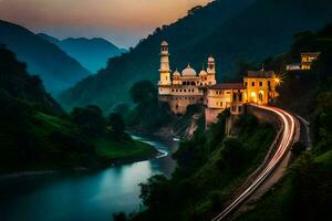a beautiful mosque sits on the side of a river. AI-Generated photo